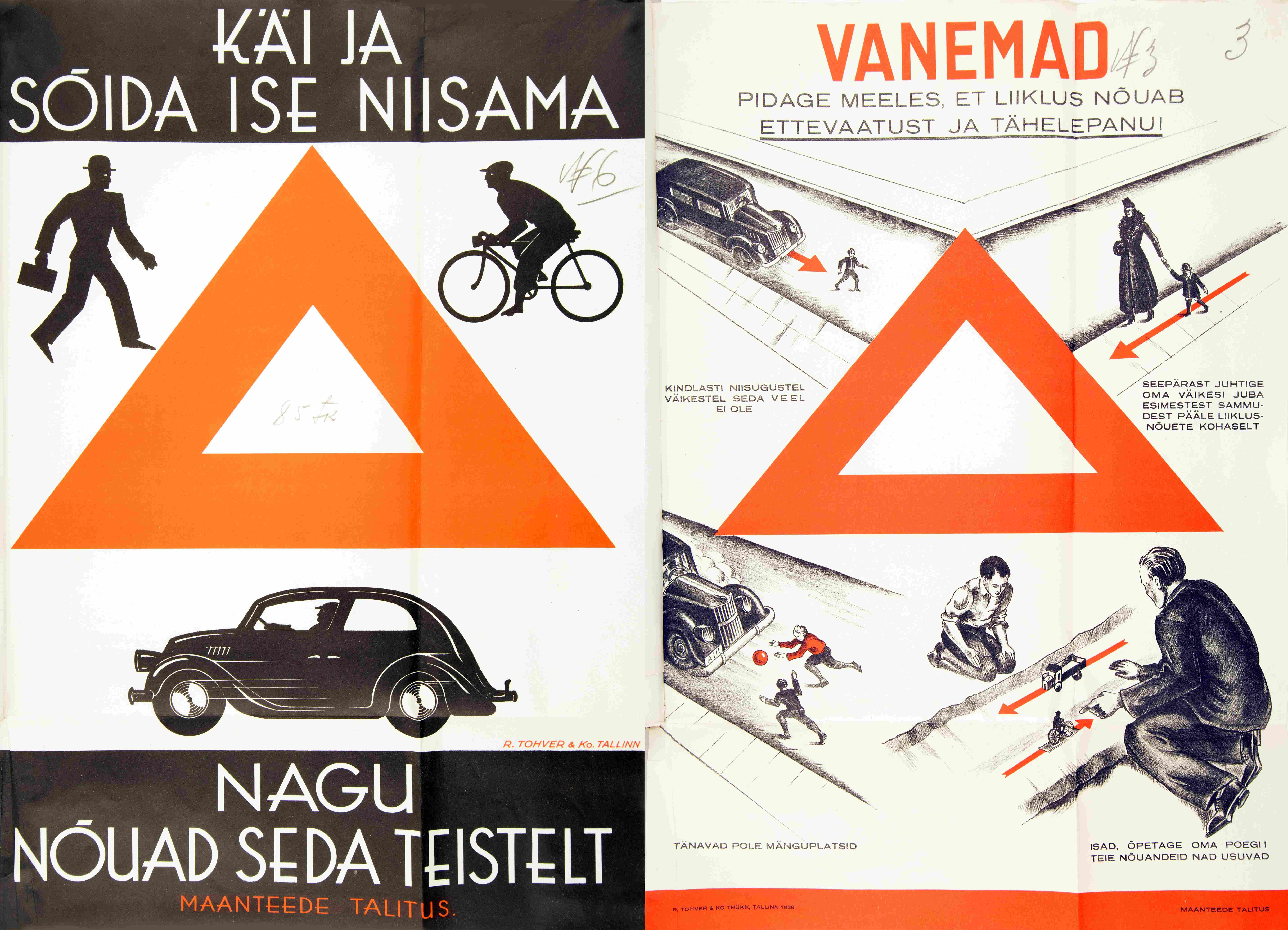Maanteede Talituse poolt 1938. aasta liiklusnädalaks valmistatud teavitusplakatid