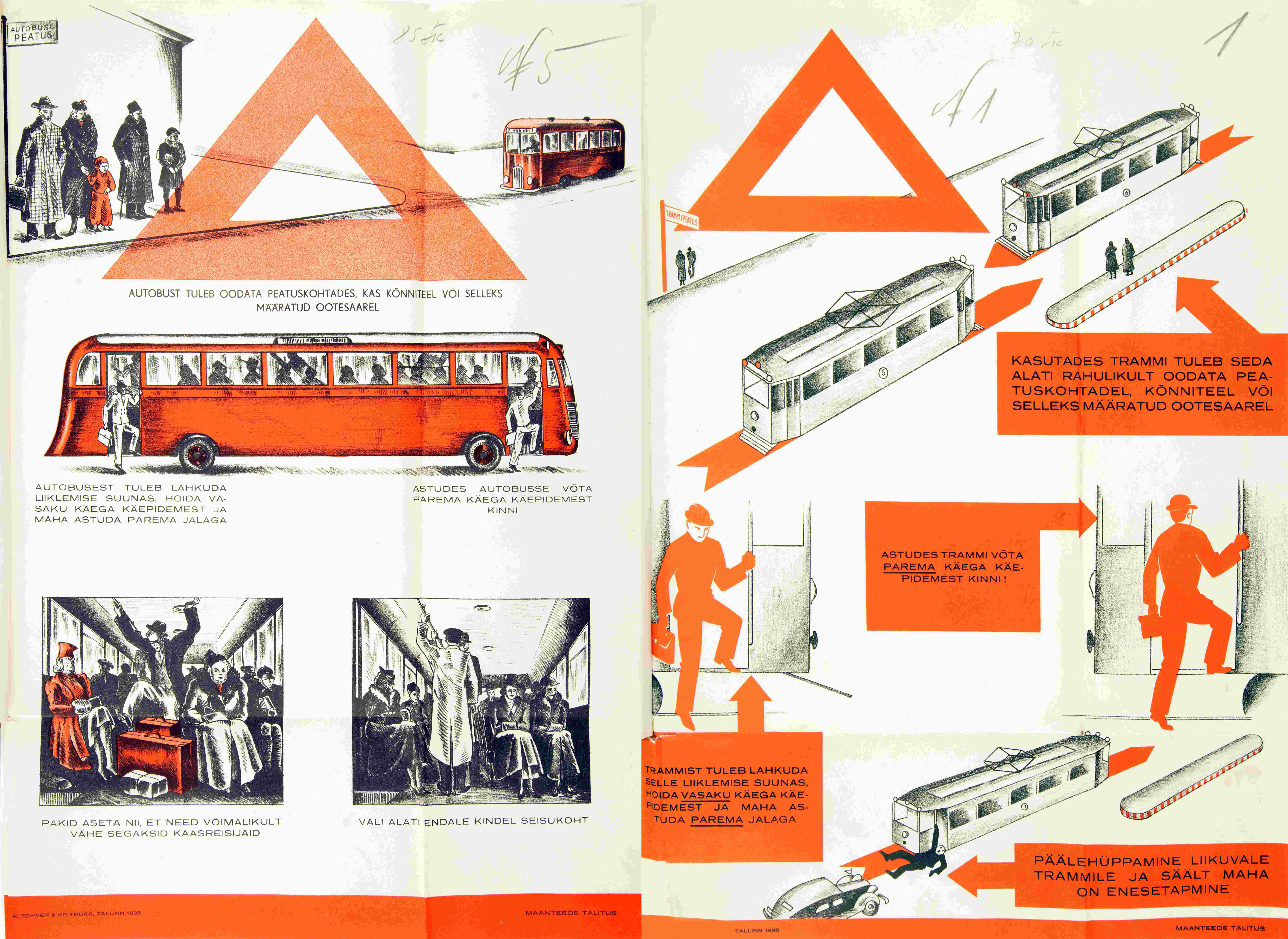 Maanteede Talituse poolt 1938. aasta liiklusnädalaks valmistatud ühistranspordi teemalised teavitusplakatid 
