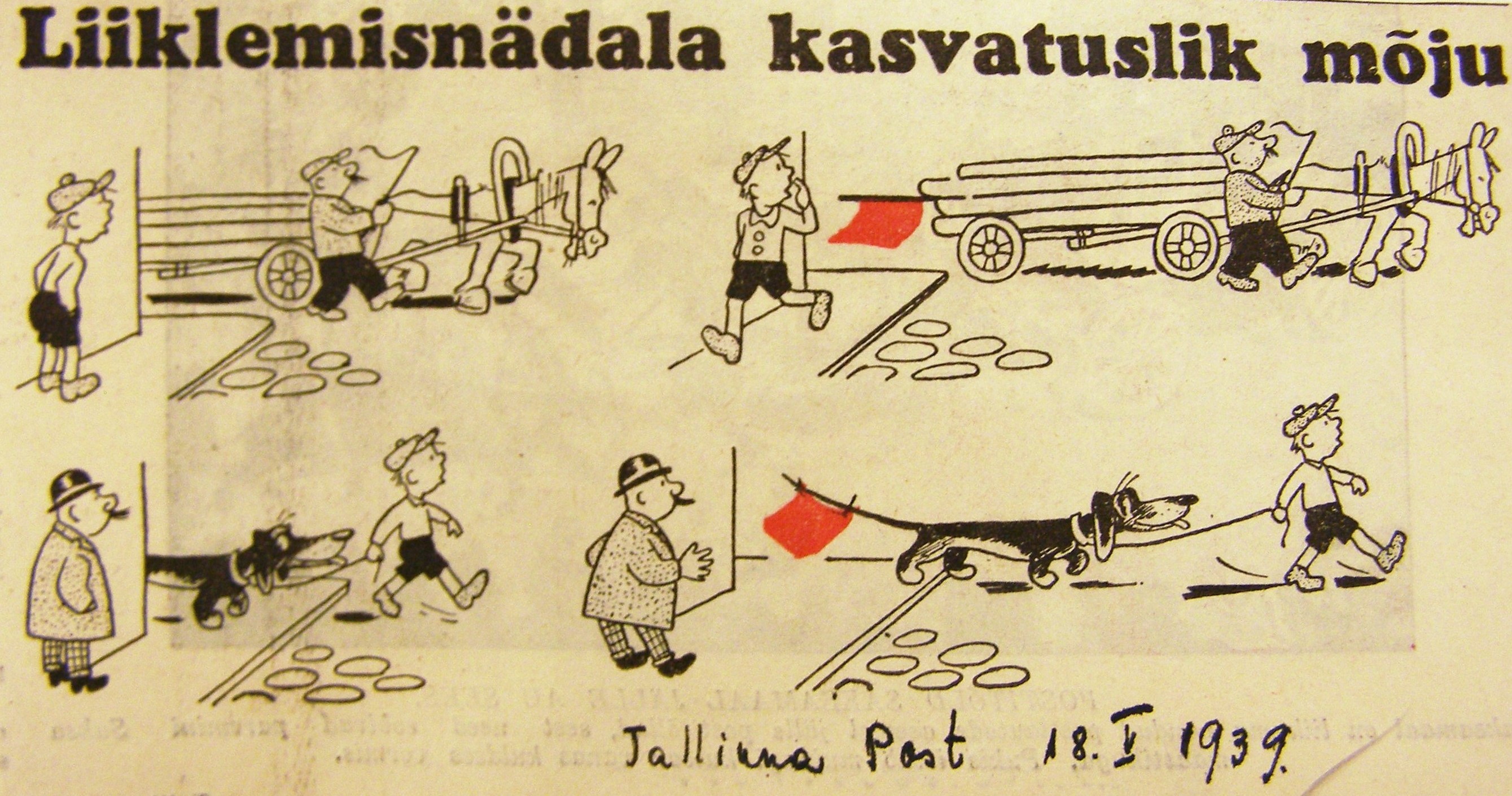 Liiklusnädala raames avaldati ajakirjanduses mitmesuguseid liiklusohtudest teavitavaid artikleid ja illustratsioone. Karikatuur ajalehest Tallinna Post, 18. mai 1939.
